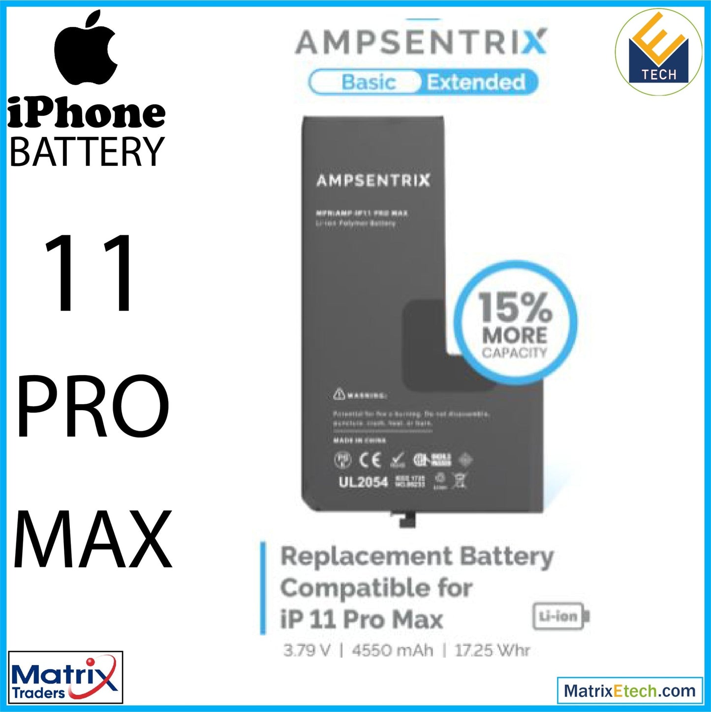 iPhone 11 Pro Max Replacement Battery (AmpSentrix Basic Extended) - Matrix Traders