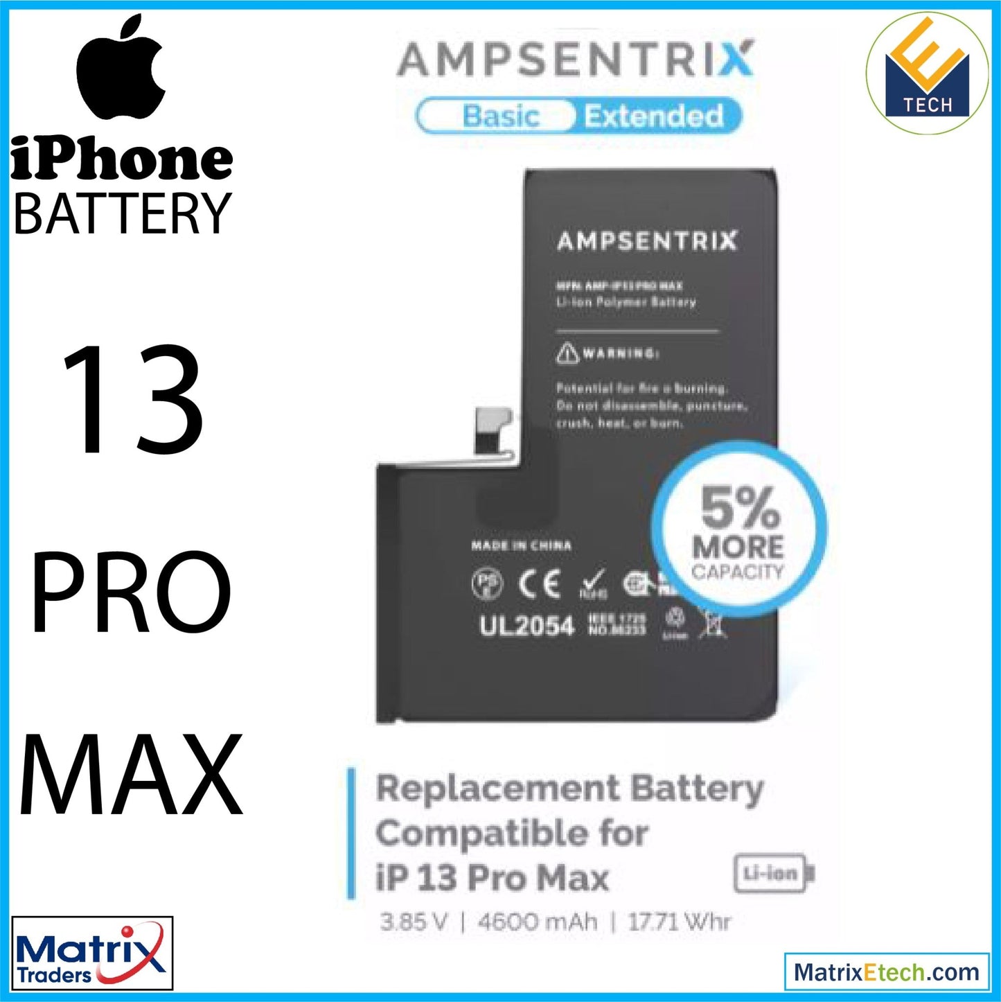 iPhone 13 Pro Max Replacement Battery (AmpSentrix Basic Extended) - Matrix Traders