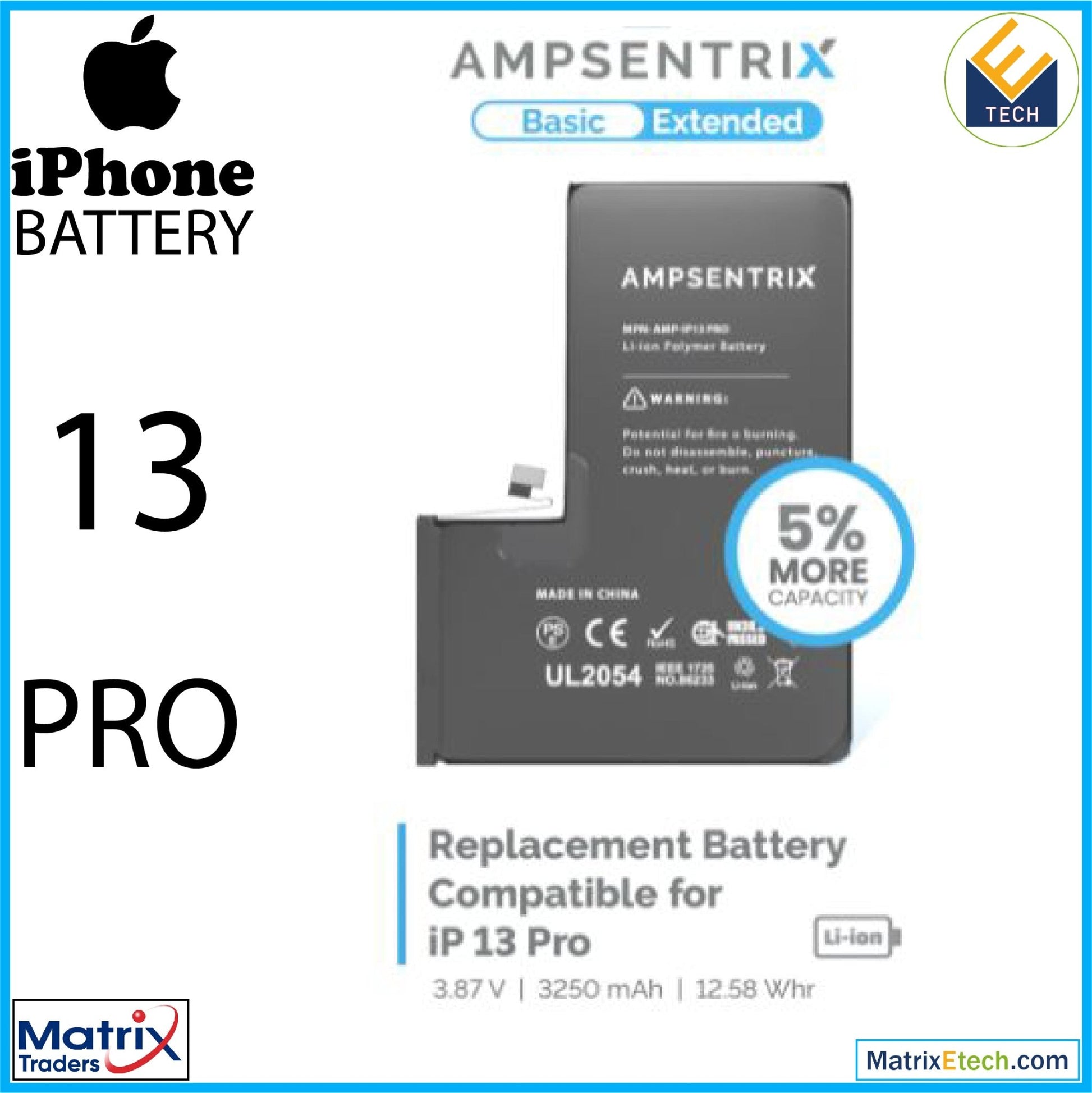 iPhone 13 Pro Replacement Battery (AmpSentrix Basic Extended) - Matrix Traders