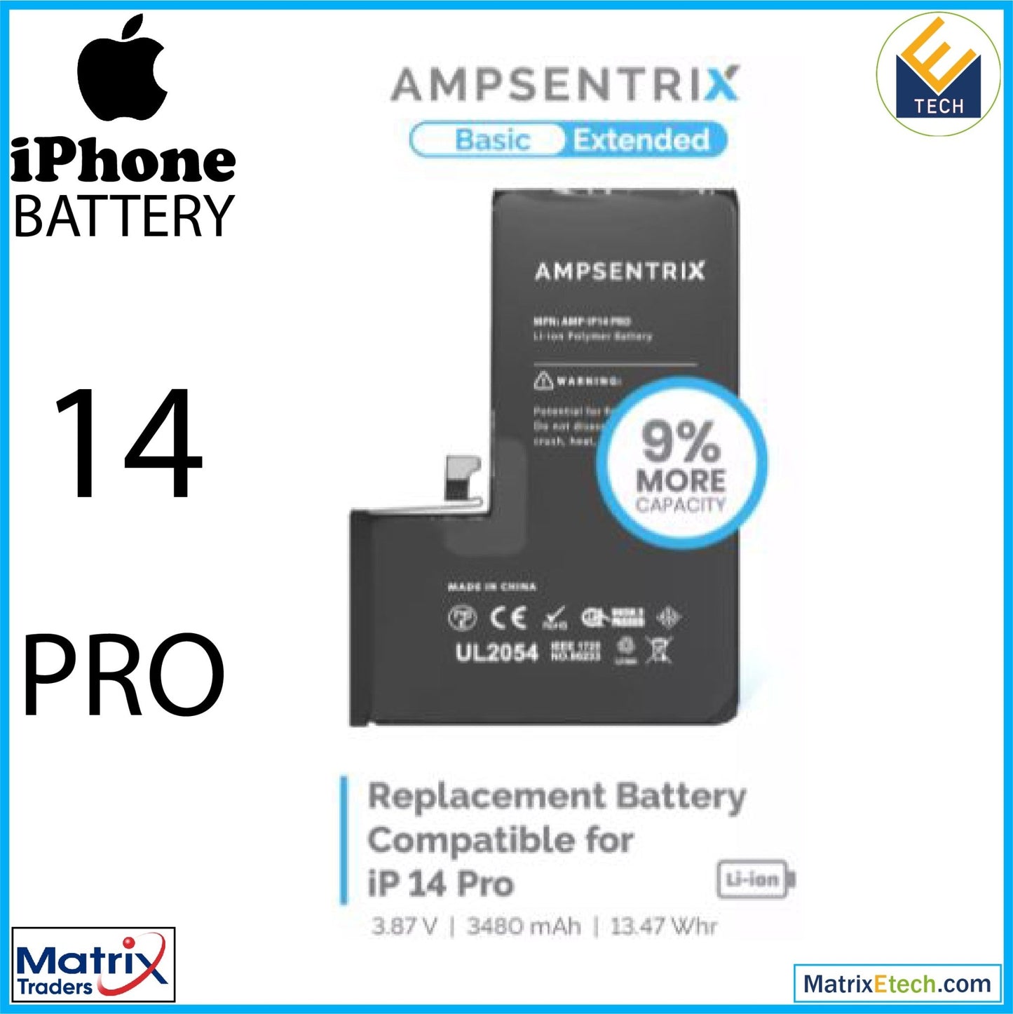 iPhone 14 Pro Replacement Battery (AmpSentrix Basic Extended) - Matrix Traders