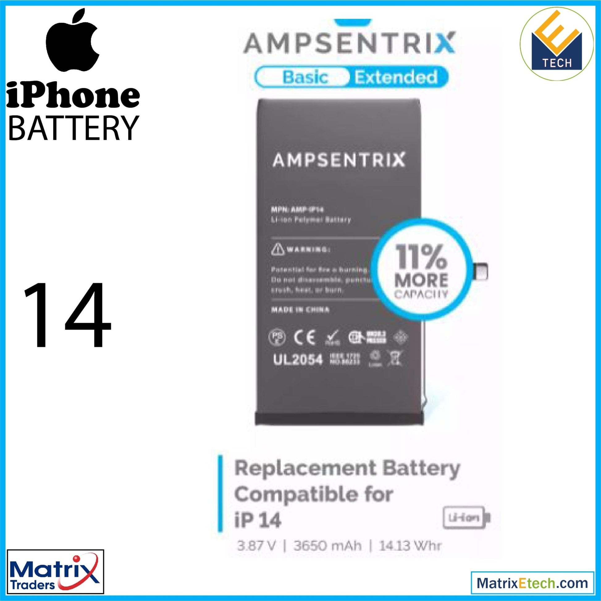 iPhone 14 Replacement Battery (AmpSentrix Basic Extended) - Matrix Traders