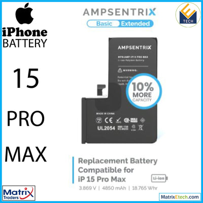 iPhone 15 Pro Max Replacement Battery (AmpSentrix Basic Extended) - Matrix Traders