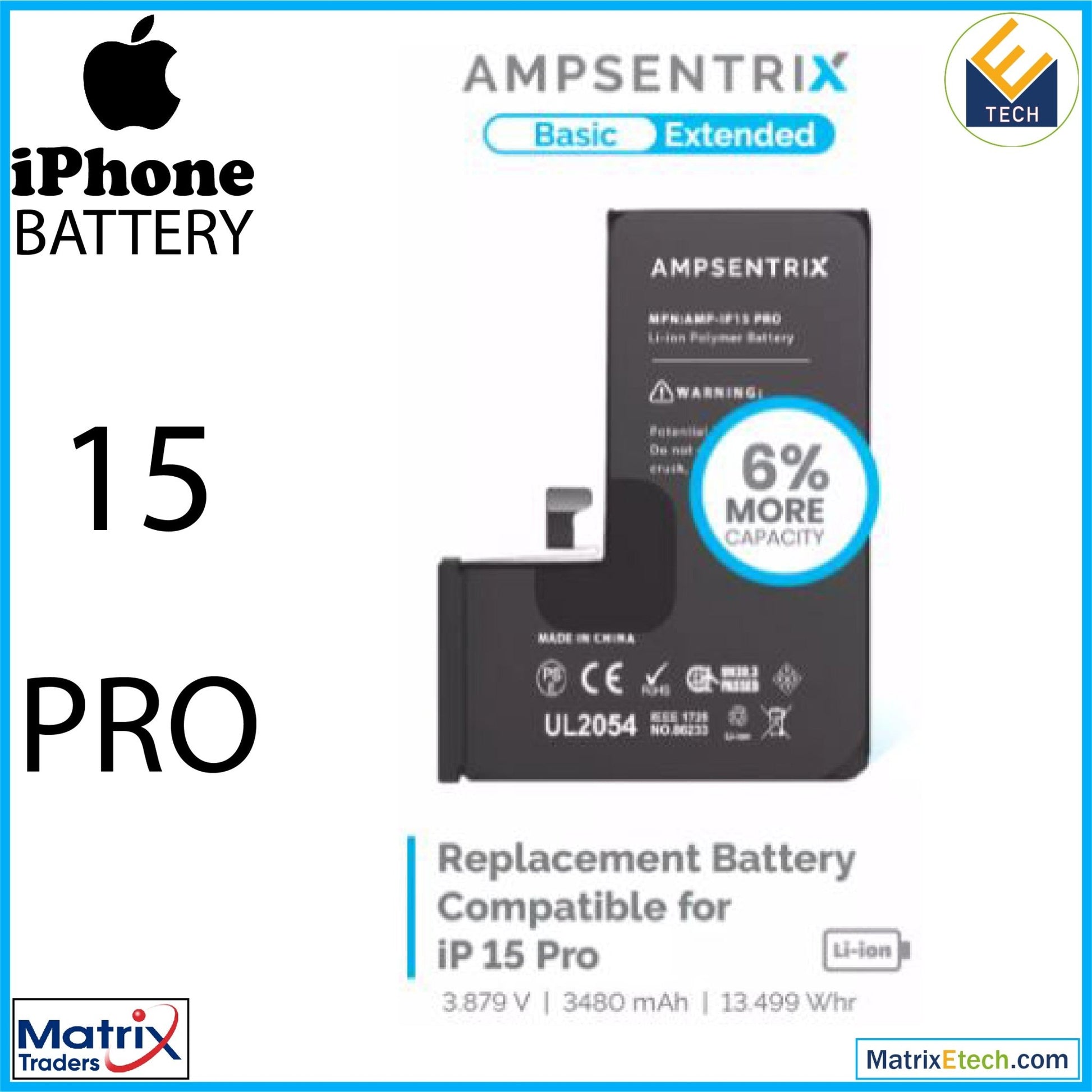 iPhone 15 Pro Replacement Battery (AmpSentrix Basic Extended) - Matrix Traders