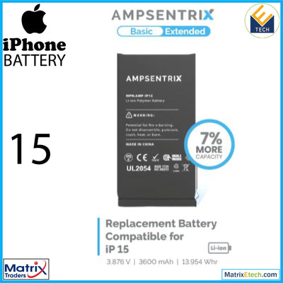 iPhone 15 Replacement Battery (AmpSentrix Basic Extended) - Matrix Traders