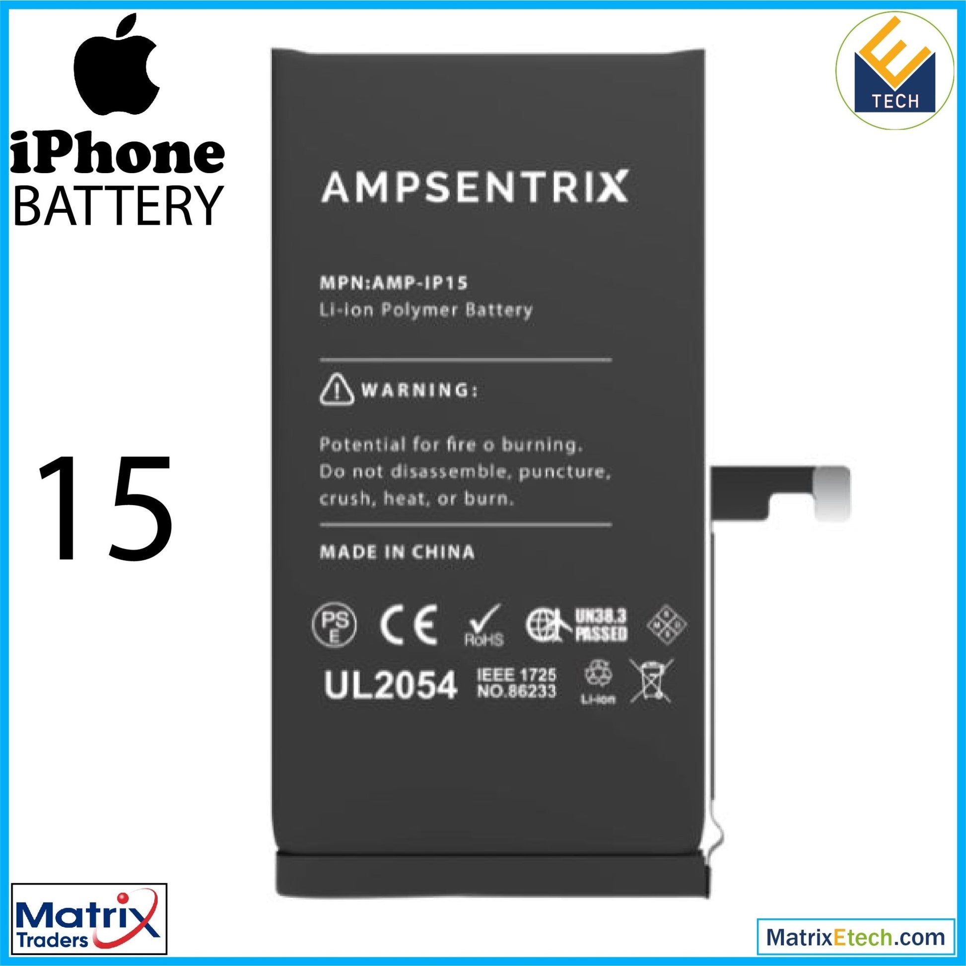 iPhone 15 Replacement Battery (AmpSentrix Basic Extended) - Matrix Traders