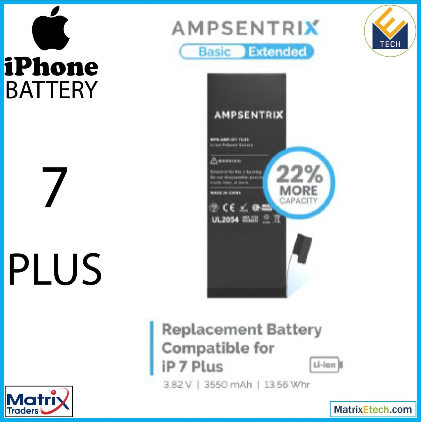 iPhone 7 Plus Replacement Battery (AmpSentrix Basic Extended) - Matrix Traders