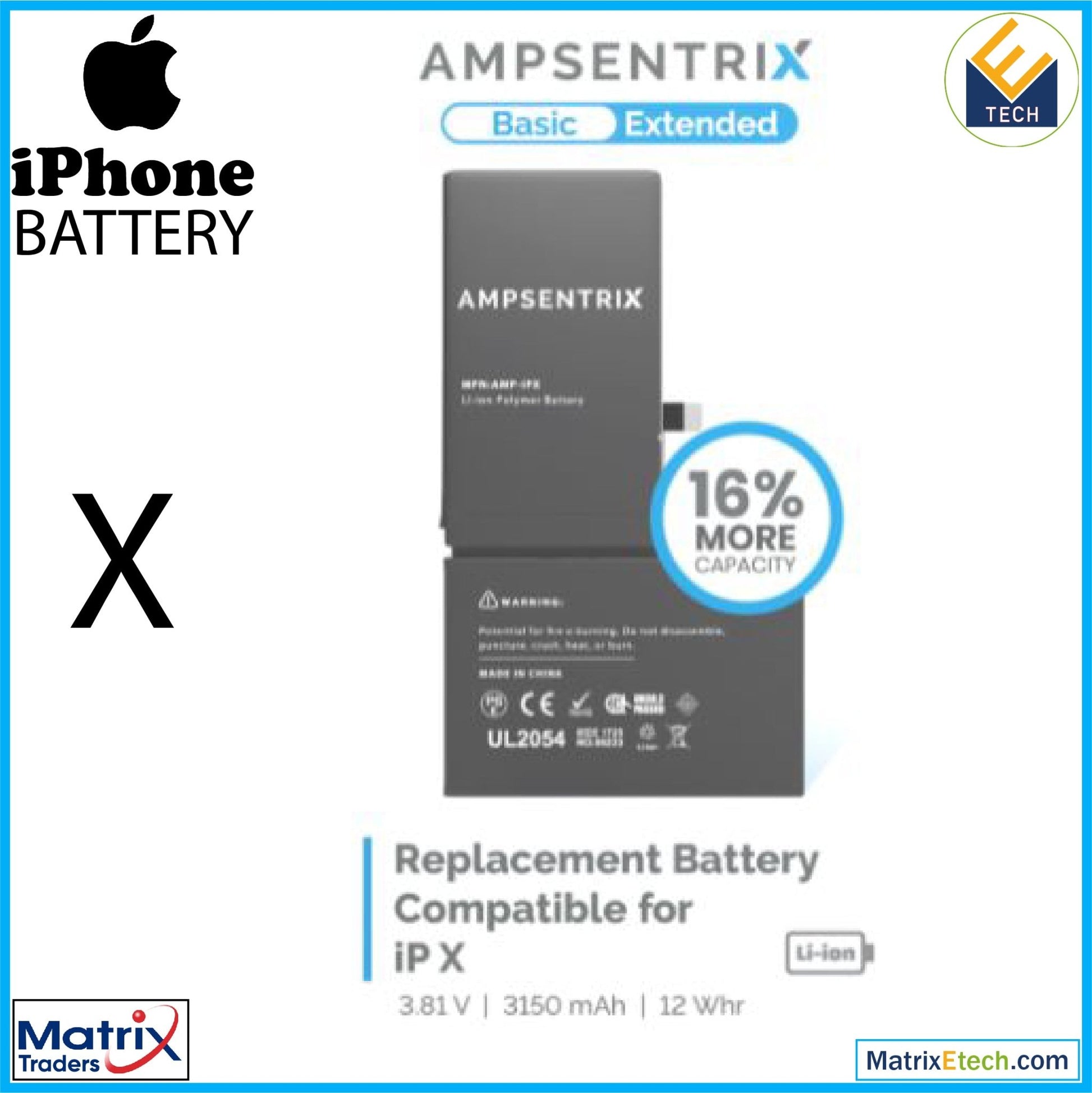 iPhone X Replacement Battery (AmpSentrix Basic Extended) - Matrix Traders