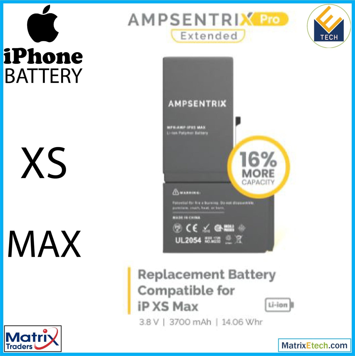 iPhone XS Max Replacement Battery (AmpSentrix Pro Extended) - Matrix Traders