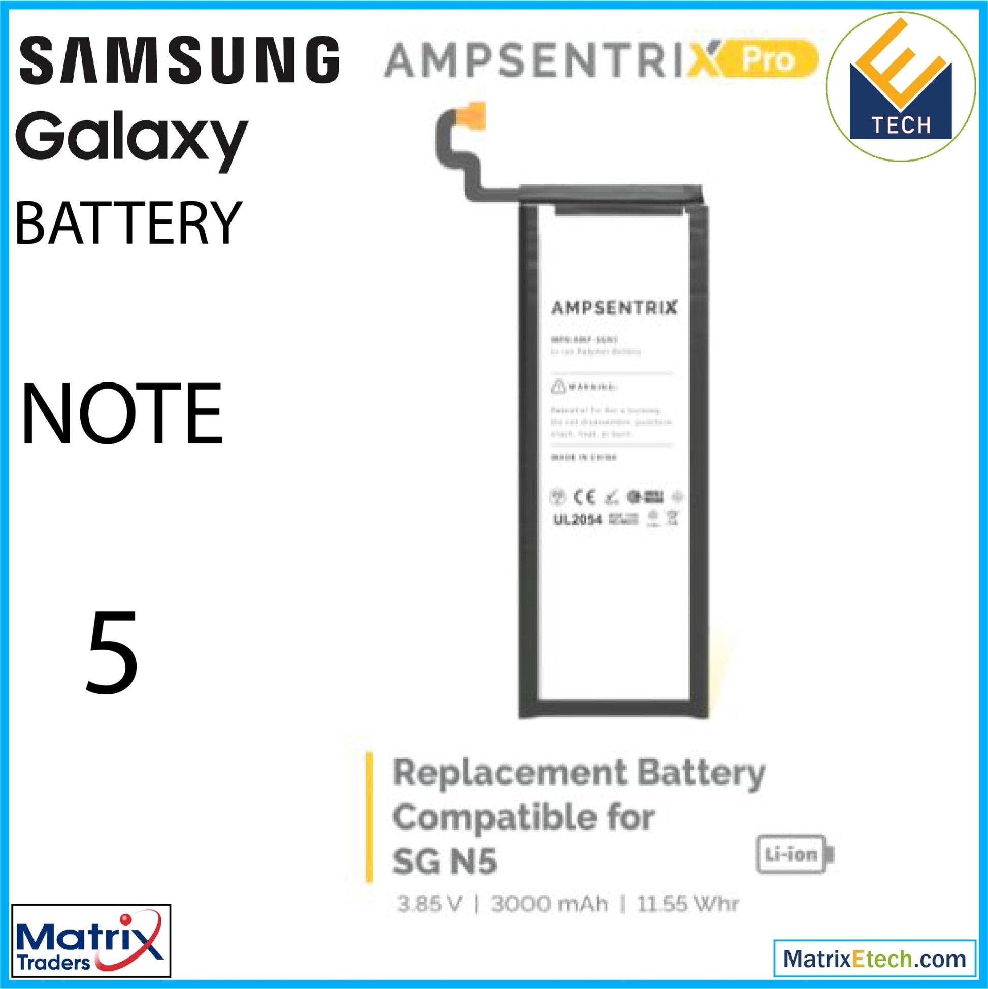 Samsung Galaxy Note 5 Replacement Battery (AmpSentrix Pro) (EB - BN920ABA) - Matrix Traders